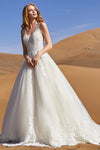 A-line V-neck Lace-Up Applique Beaded Sleeveless Corset Waistline Wedding Dress with a Court Train