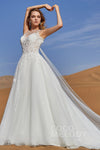 A-line Corset Waistline Sleeveless Beaded Applique Illusion Lace-Up Wedding Dress with a Court Train With a Bow(s)