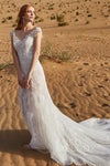 V-neck Cap Sleeves Applique Beaded Mermaid Wedding Dress with a Chapel Train