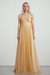 A-line Off the Shoulder Sleeveless Bridesmaid Dress with a Brush/Sweep Train