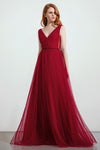 A-line V-neck Tulle Sleeveless Bridesmaid Dress with a Brush/Sweep Train With a Sash
