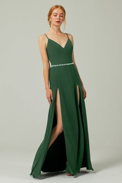 A-line Beaded Chiffon Sleeveless Spaghetti Strap Floor Length Bridesmaid Dress With a Sash