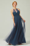 A-line Sleeveless Tulle Floor Length Halter Bridesmaid Dress