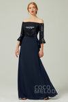 A-line Chiffon Floor Length Button Closure Sequined Bell Sleeves Off the Shoulder Bridesmaid Dress With a Sash
