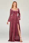 A-line Pocketed Bell Sleeves Velvet Floor Length Bridesmaid Dress With a Sash