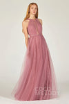 A-line Halter Floor Length Sleeveless Tulle Bridesmaid Dress With a Sash