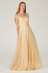A-line V-neck Floor Length Sleeveless Applique Tulle Bridesmaid Dress