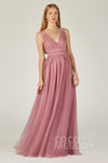 A-line V-neck Floor Length Sleeveless Tulle Applique Bridesmaid Dress With a Sash