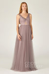 A-line V-neck Floor Length Applique Tulle Sleeveless Bridesmaid Dress With a Sash