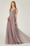 A-line V-neck Floor Length Applique Tulle Sleeveless Bridesmaid Dress
