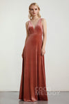 A-line V-neck Velvet Sleeveless Floor Length Bridesmaid Dress