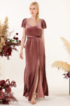 Open-Back Sheath Floor Length Cap Sleeves Queen Anne Neck Velvet Sheath Dress/Bridesmaid Dress With a Sash