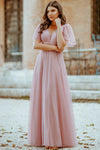 A-line V-neck Elbow Length Sleeves Floor Length Glittering Bridesmaid Dress