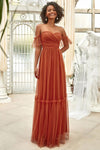 A-line Strapless Cold Shoulder Sleeves Floor Length Tulle Bridesmaid Dress
