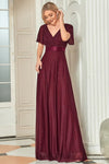A-line V-neck Glittering Bridesmaid Dress with a Brush/Sweep Train With Ruffles