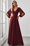 A-line V-neck Floor Length Applique Chiffon Long Sleeves Bridesmaid Dress