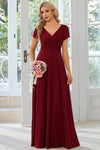 A-line V-neck Floor Length Knit Short Sleeves Sleeves Bridesmaid Dress