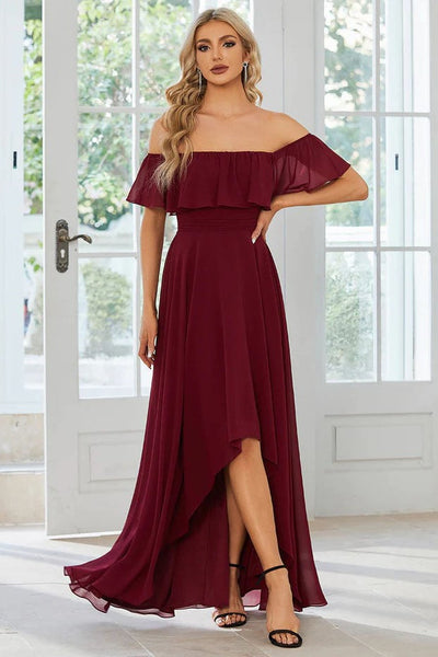 A-line High-Low-Hem Cold Shoulder Sleeves Off the Shoulder Chiffon Bridesmaid Dress