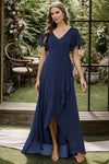 A-line V-neck Chiffon High-Low-Hem Bridesmaid Dress With Ruffles