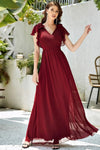 A-line V-neck Chiffon Floor Length Bridesmaid Dress With a Bow(s) and Ruffles