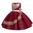 Satin Tea Length Bateau Neck Sleeveless Sequined Dress With a Bow(s)