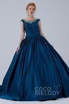 Illusion Button Closure Beaded Applique Satin Sleeveless Ball Gown Wedding Dress with a Court Train