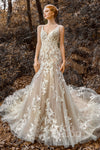 V-neck Mermaid Button Closure Applique Beaded Sleeveless Tulle Wedding Dress with a Court Train