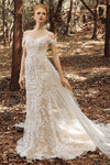 Sleeveless Spaghetti Strap Sheath Beaded Button Closure Applique Sheath Dress/Wedding Dress with a Court Train