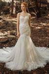 Flower(s) Applique Beaded Sleeveless Spaghetti Strap Mermaid Tulle Wedding Dress with a Court Train