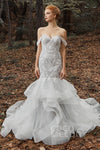Off the Shoulder Sleeveless Button Closure Applique Beaded Mermaid Wedding Dress with a Court Train With Ruffles
