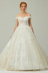 A-line Off the Shoulder Sleeveless Applique Beaded Tulle Wedding Dress with a Chapel Train