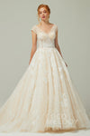 A-line V-neck Tulle Corset Waistline Applique Lace-Up Beaded Cap Sleeves Wedding Dress with a Chapel Train
