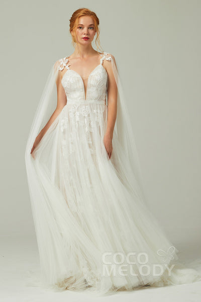 A-line V-neck Applique Beaded Sleeveless Wedding Dress with a Brush/Sweep Train