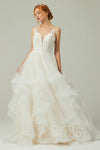 Tall A-line V-neck Tulle Sleeveless Beaded Button Closure Applique Wedding Dress with a Court Train