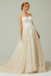 A-line Sleeveless Button Closure Beaded Applique Sweetheart Tulle Wedding Dress with a Chapel Train