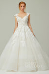 A-line Tulle Cap Sleeves Illusion Beaded Applique Wedding Dress with a Court Train