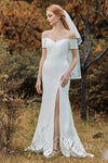 Short Sleeves Sleeves Off the Shoulder Open-Back Mermaid Wedding Dress with a Brush/Sweep Train With a Bow(s)