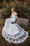 Off the Shoulder Sleeveless Mermaid Applique Beaded Wedding Dress with a Court Train