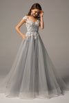 A-line Tulle Open-Back Beaded Pocketed Applique Cap Sleeves Wedding Dress with a Brush/Sweep Train