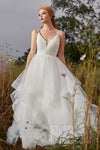 A-line Applique Beaded Sleeveless Spaghetti Strap Tulle Wedding Dress with a Court Train With Ruffles