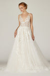 A-line V-neck Sleeveless Tulle Beaded Applique Wedding Dress with a Court Train
