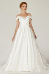 A-line Off the Shoulder Sleeveless Beaded Flower(s) Wedding Dress with a Court Train