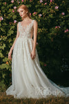 A-line Sleeveless Illusion Button Closure Beaded Applique Wedding Dress with a Court Train