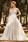 A-line Long Sleeves Beaded Applique Tulle Bateau Neck Wedding Dress with a Court Train