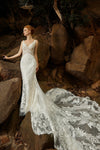 V-neck Tulle Applique Beaded Mermaid Sleeveless Wedding Dress with a Cathedral Train