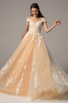 A-line V-neck Pocketed Applique Beaded Keyhole Cap Sleeves Wedding Dress with a Court Train