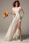 A-line Applique Keyhole Lace-Up Bateau Neck Corset Waistline Long Sleeves Wedding Dress with a Court Train