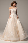 A-line Short Sleeves Sleeves Off the Shoulder Tulle Button Closure Applique Beaded Wedding Dress with a Court Train