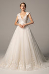 A-line V-neck Beaded Applique Cap Sleeves Tulle Wedding Dress with a Court Train