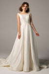 A-line Sleeveless Satin Applique Button Closure Bateau Neck Wedding Dress with a Court Train